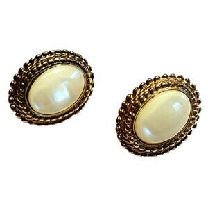 Pierced earrings textured goldtone & creamy white stones conservative classic